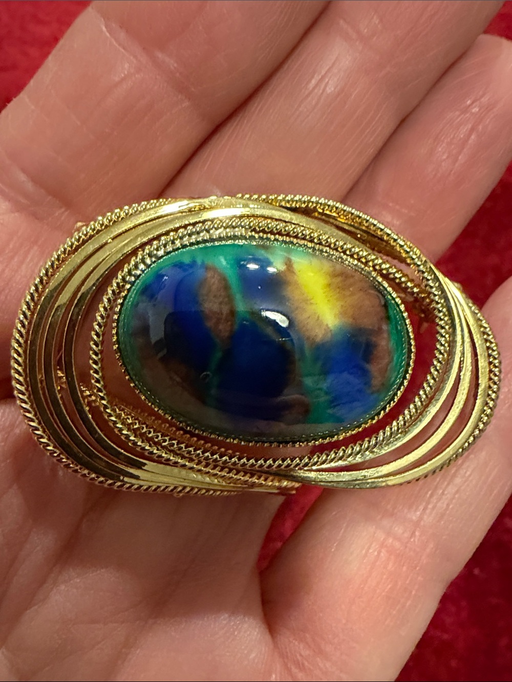 Gold-Tone Brooch with Multicolor Cabochon - Blue, Green & Yellow Accent